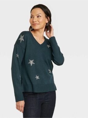 NEW Knox Rose Sweater Womens L Blue V Neck Studded Star 4th of July Cozy Soft